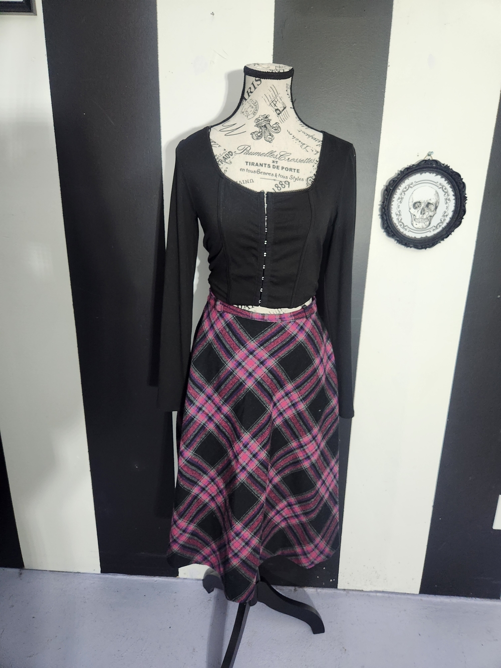 70's Sears Black and Pink Plaid A-Line Skirt